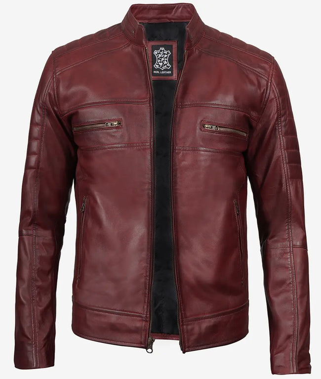 Mens Maroon Distressed Cafe Racer Leather Jacket