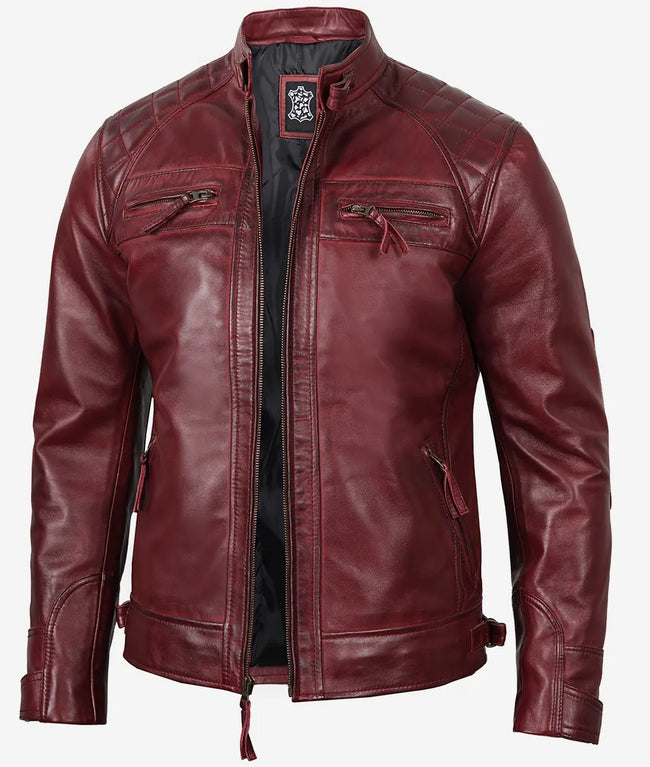 Mens Tall Real Leather Maroon Cafe Racer Jacket