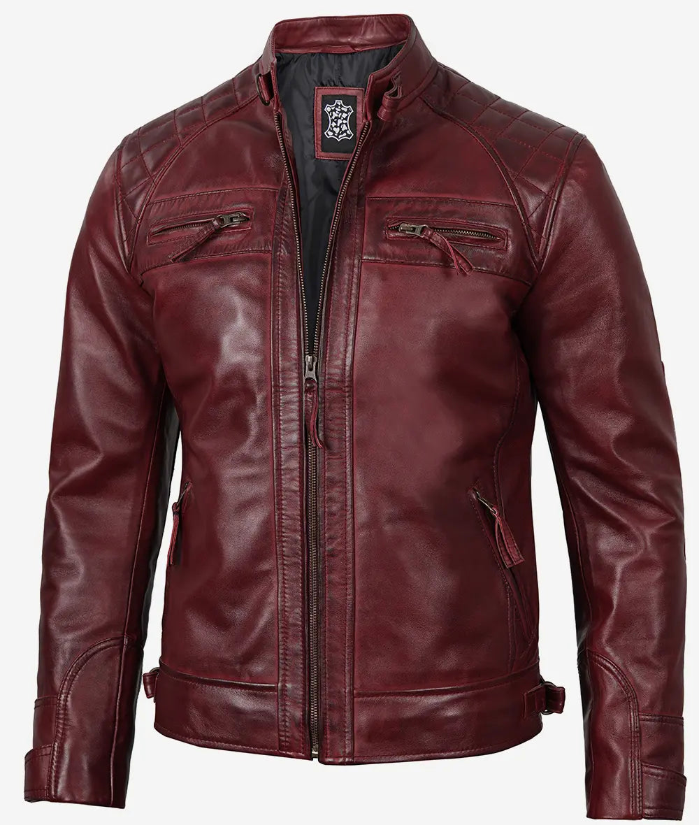 Mens Tall Real Leather Maroon Cafe Racer Jacket