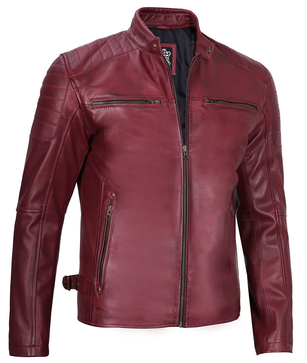 Mens Maroon Waxed Cafe Racer Leather Jacket