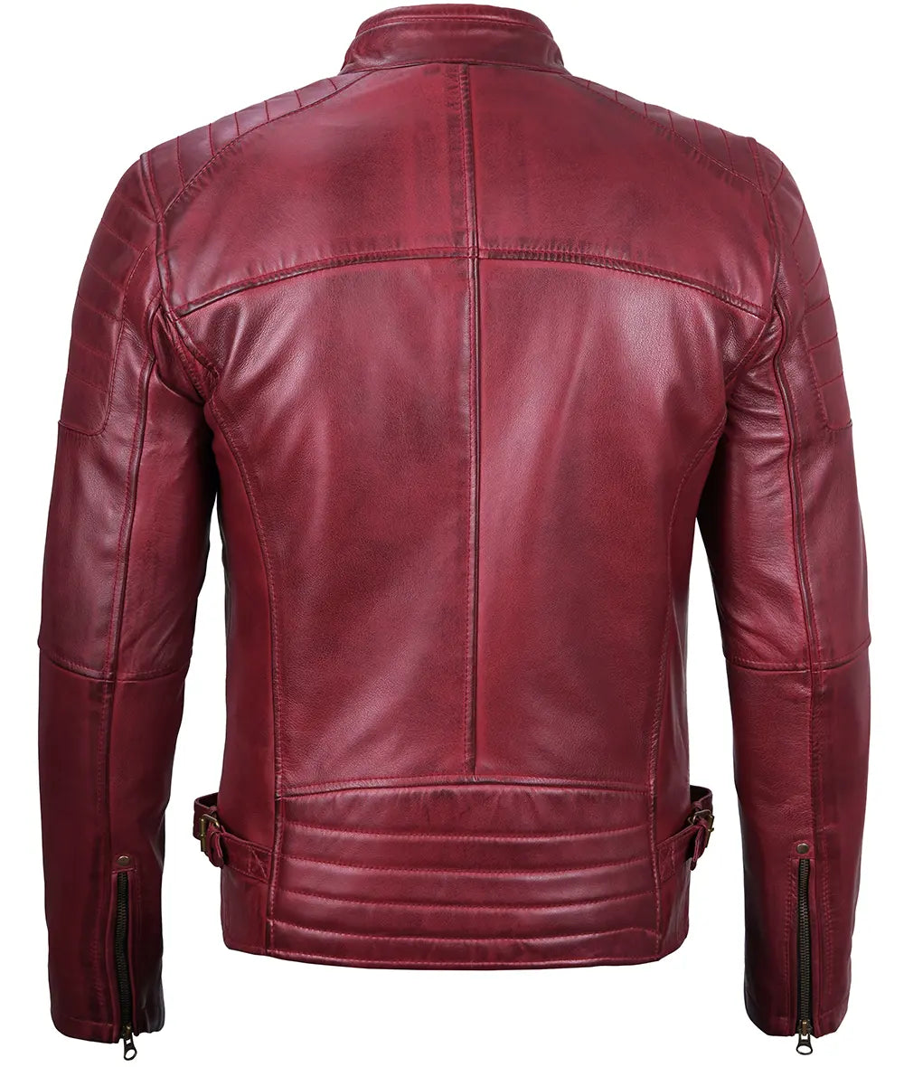 Mens Maroon Waxed Cafe Racer Leather Jacket
