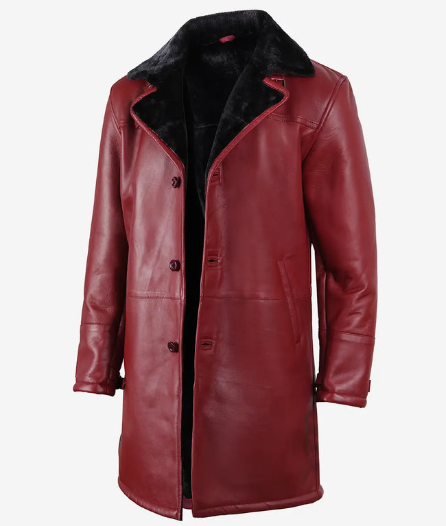 Mens Maroon Shearling Leather Winter Coat