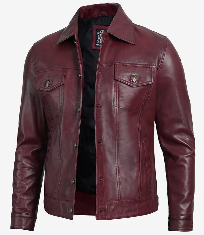 Mens Maroon Leather Trucker Jacket