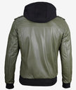 Mens Military Green Bomber Leather Jacket With Hood