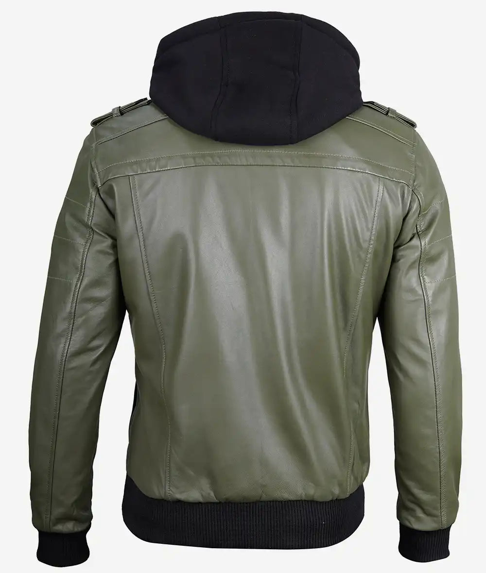 Mens Military Green Bomber Leather Jacket With Hood