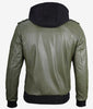 Mens Military Green Bomber Leather Jacket With Hood