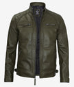 Mens Quilted Shoulder Green Cafe Racer Leather Jacket