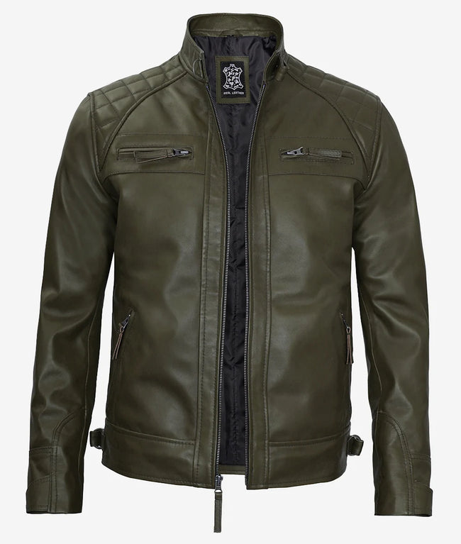 Mens Quilted Shoulder Green Cafe Racer Leather Jacket