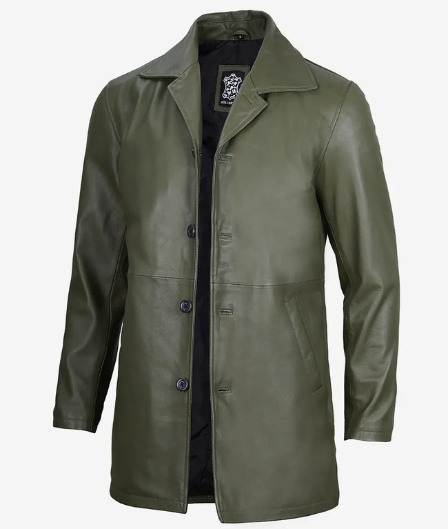 Mens Military Green Leather Car Coat