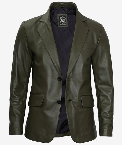 Mens Two Button Green Leather Blazer