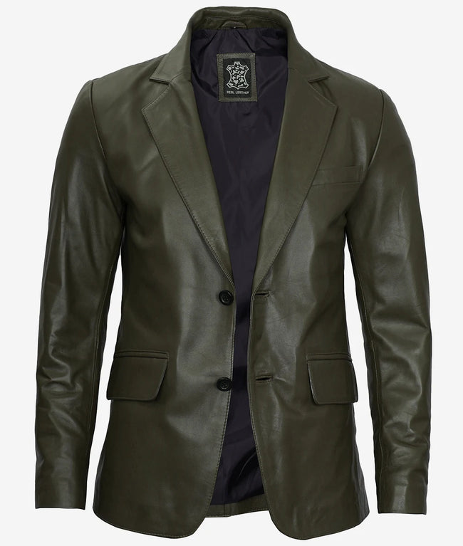 Mens Two Button Green Leather Blazer