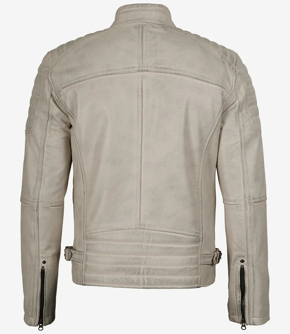 Mens Off White With Gray Wax Biker Leather Jacket