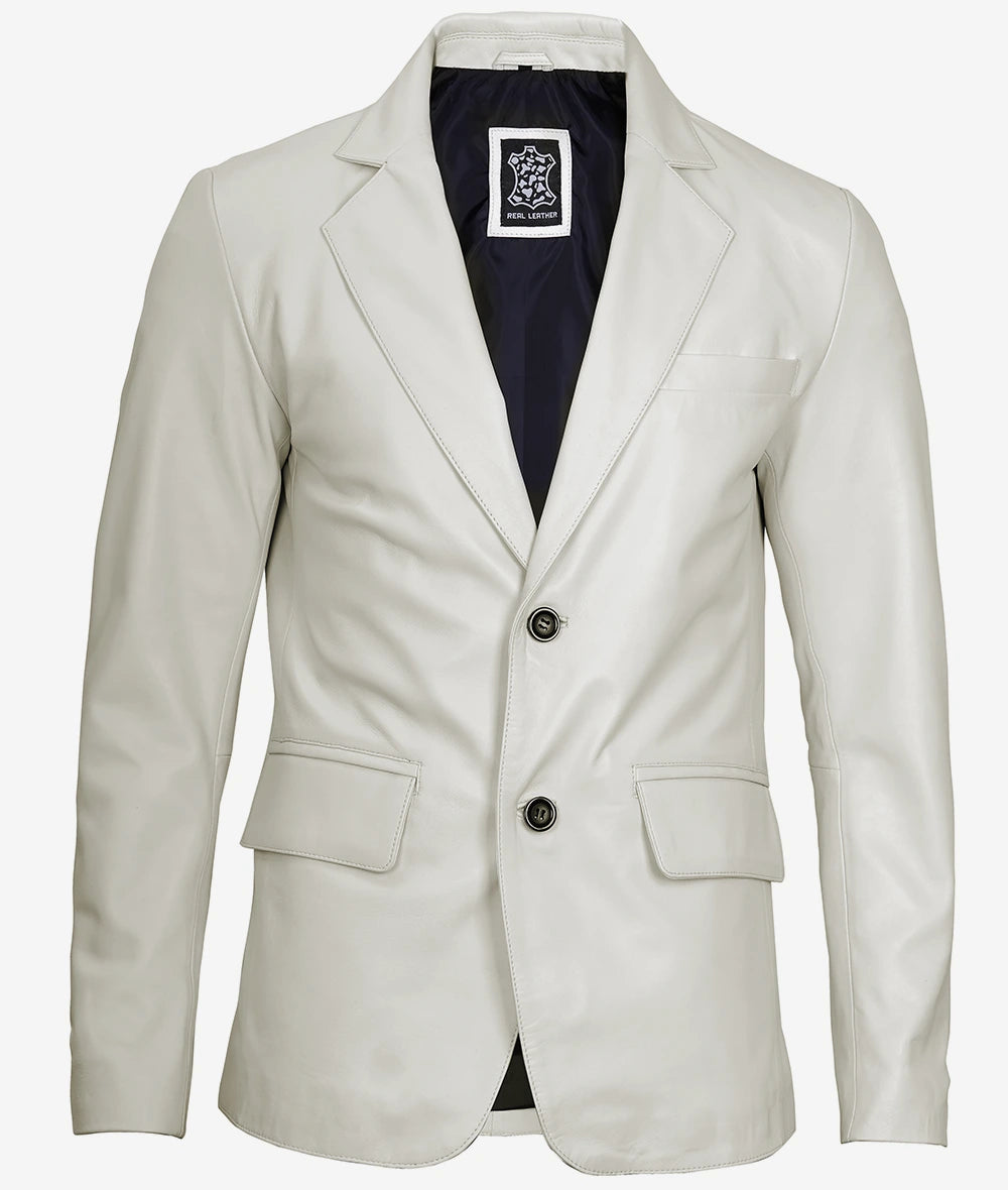 Mens Two Button White Leather Blazer