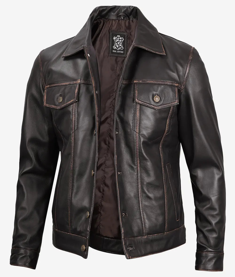 Mens Dark Brown Leather Trucker Jacket