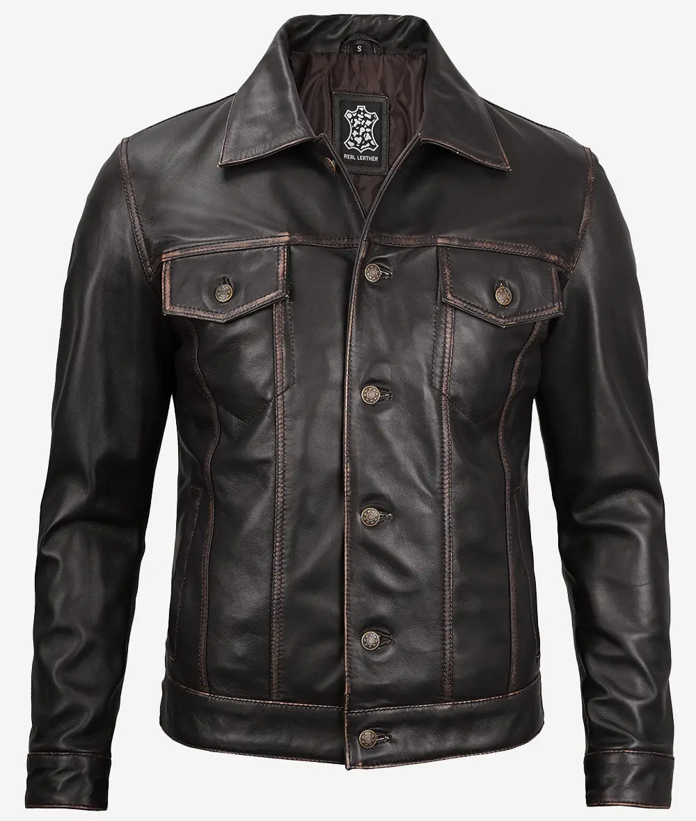 Mens Dark Brown Leather Trucker Jacket