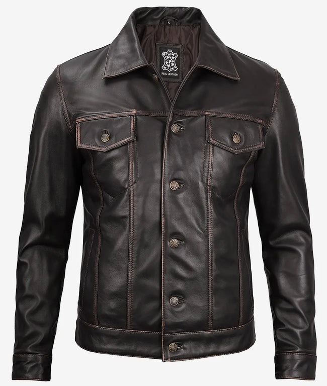 Mens Dark Brown Leather Trucker Jacket