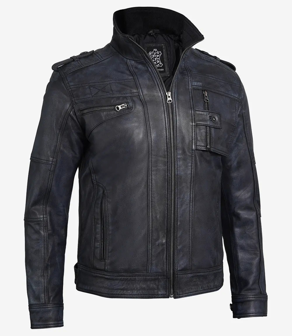 Mens Cafe Racer Distressed Black Leather Jacket