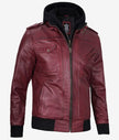Mens Maroon Bomber Leather Jacket With Hood