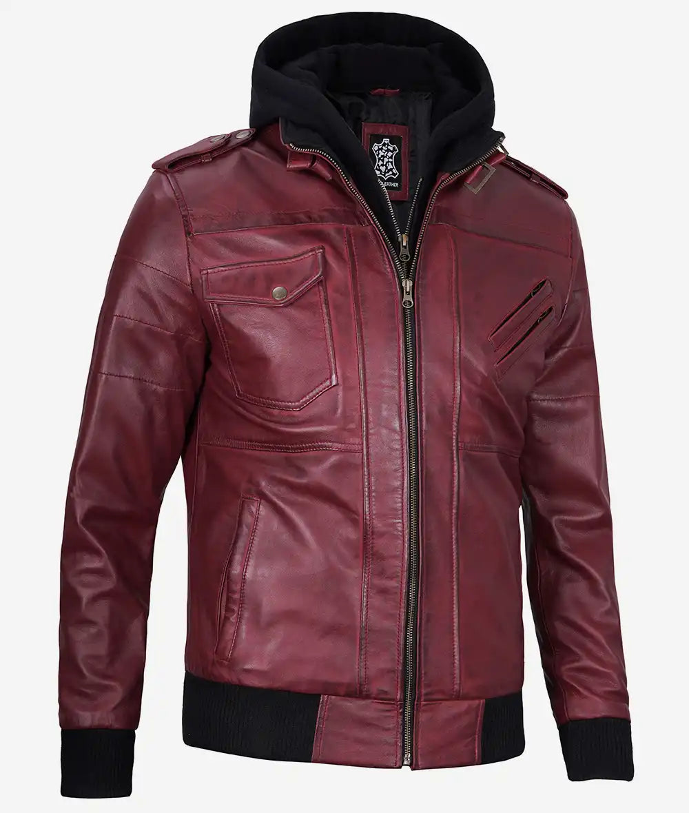 Mens Maroon Bomber Leather Jacket With Hood