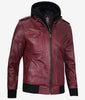 Mens Maroon Bomber Leather Jacket With Hood