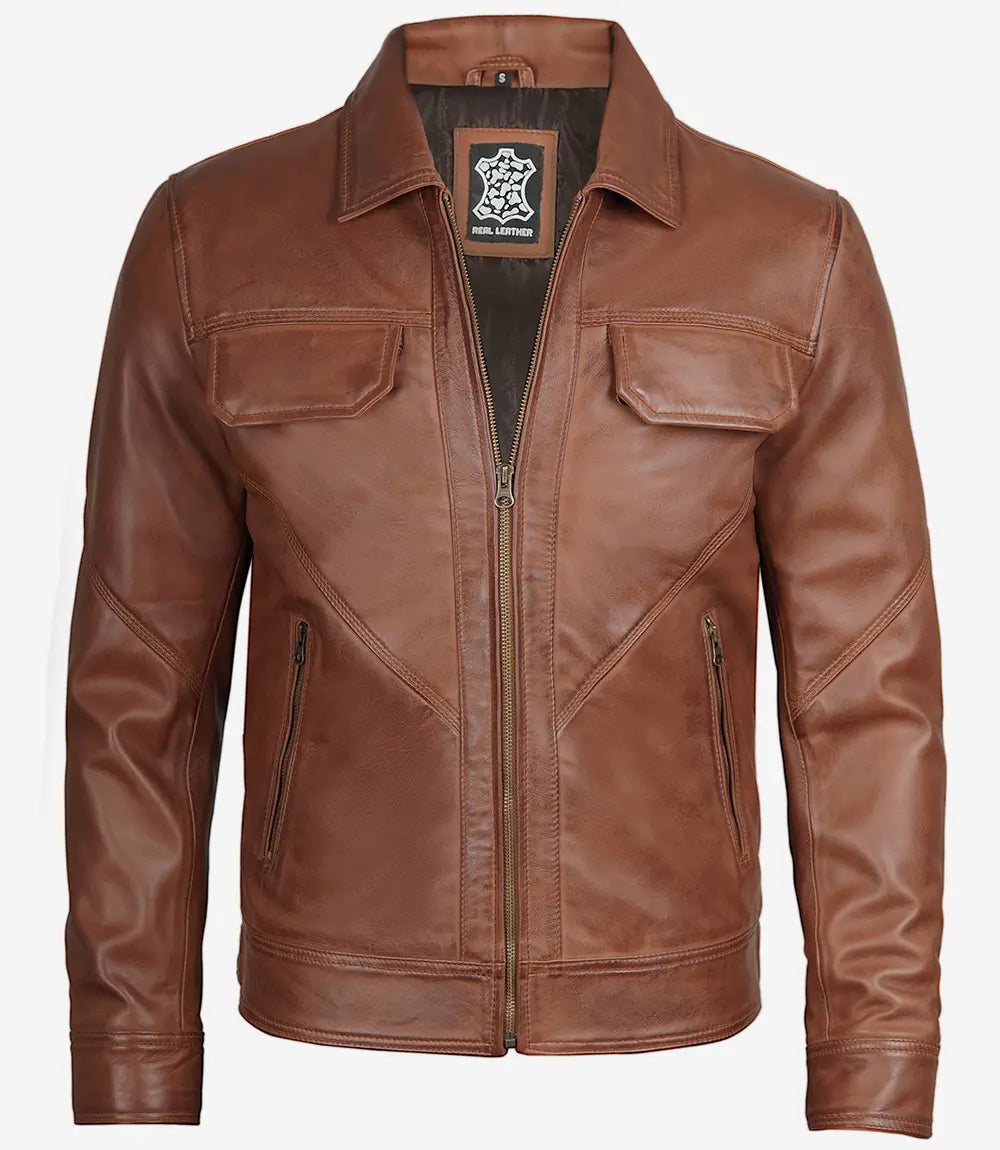 Mens Classic Shirt Collar Cognac Trucker Leather Jacket