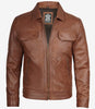 Mens Classic Shirt Collar Cognac Trucker Leather Jacket