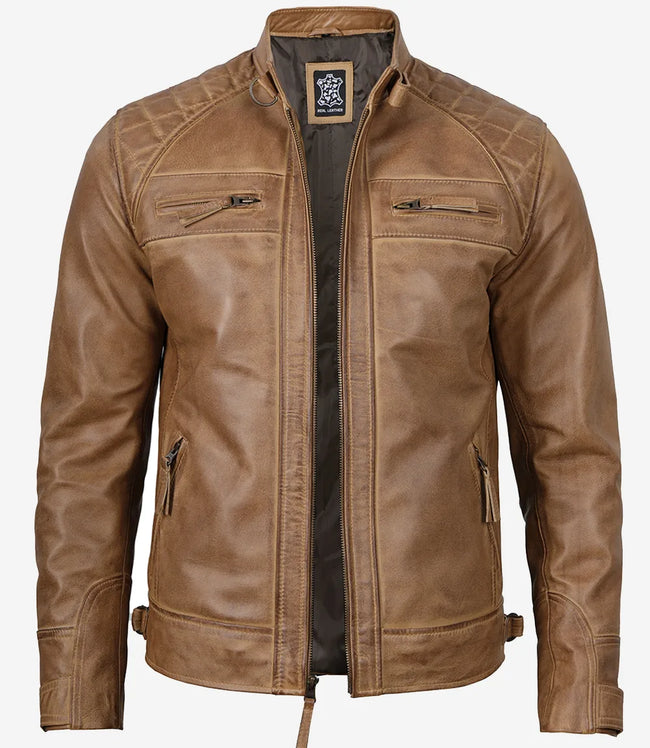 Mens Tall Camel Brown Quilted Leather Biker Jacket
