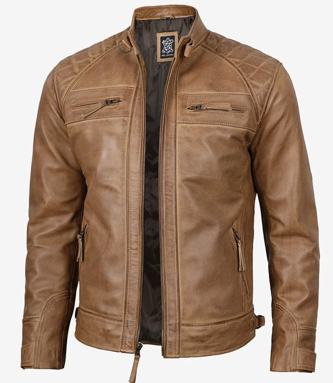 Mens Tall Camel Brown Quilted Leather Biker Jacket