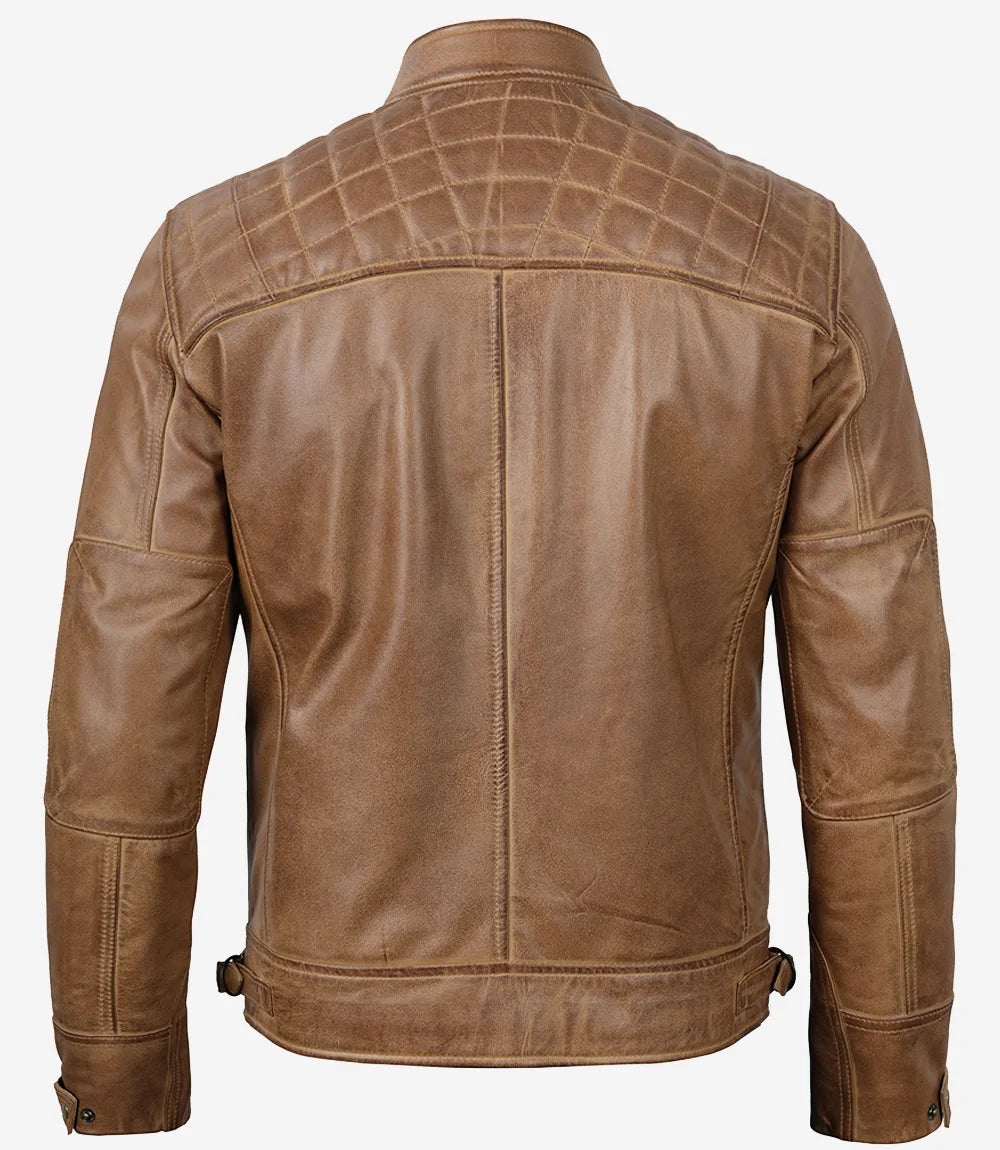 Mens Tall Camel Brown Quilted Leather Biker Jacket