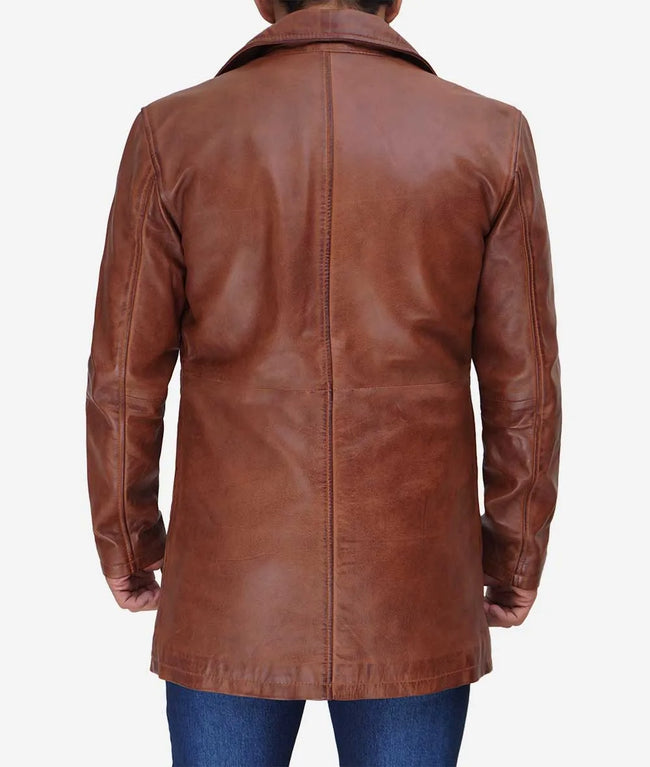Mens Tall 3 4 Length Cognac Leather Car Coat