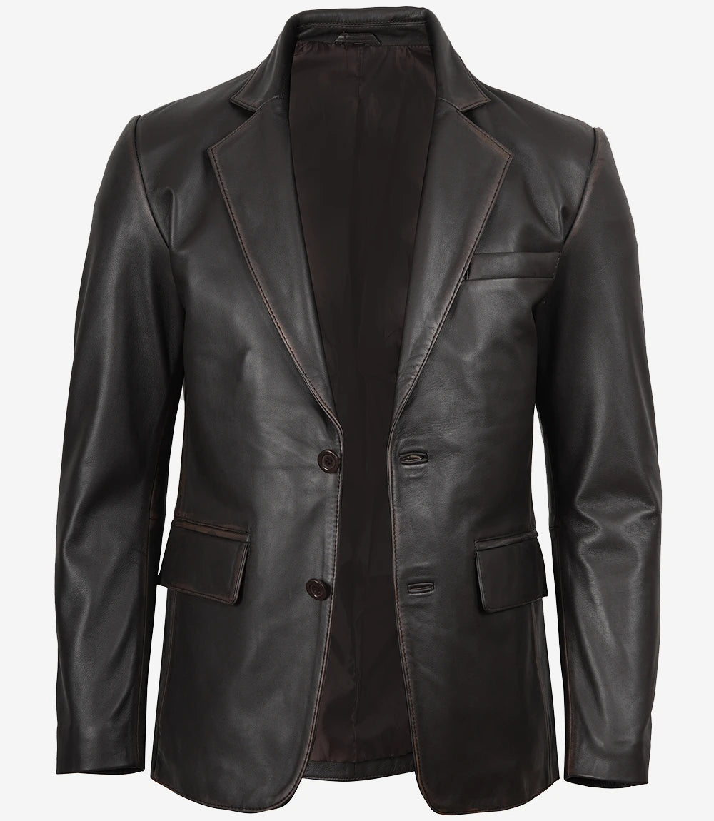 Mens Two Button Notch Lapel Ruboff Brown Leather Blazer Jacket 