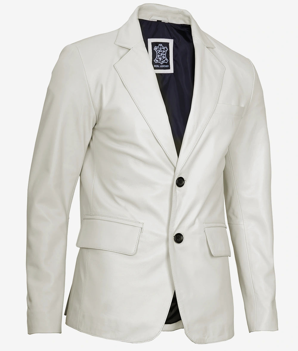 Mens Two Button White Leather Blazer