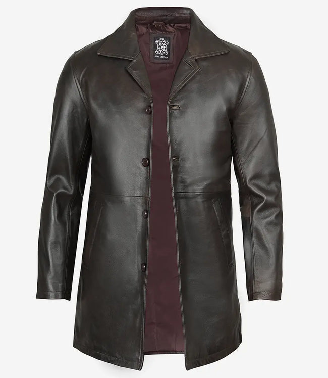 Mens Tall Vintage Dark Brown Leather Coat