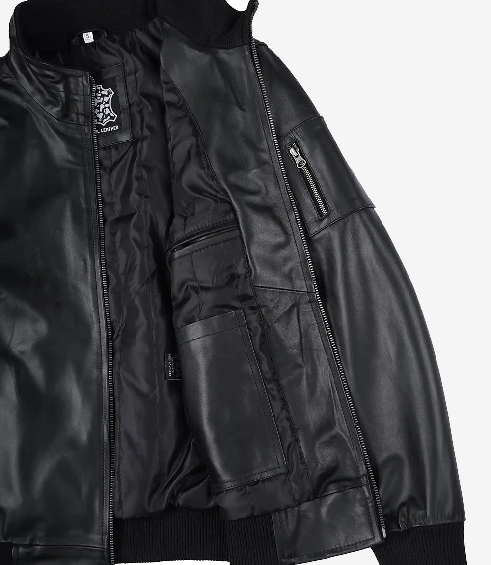 Men's Black Cowhide Leather Bomber Jacket