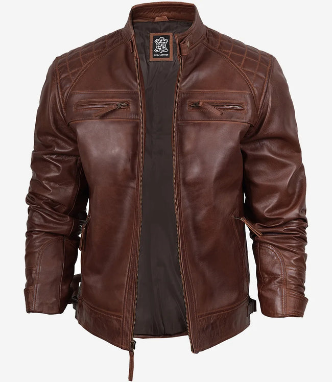 Men's Cognac Brown Quilted Biker Leather Jacket