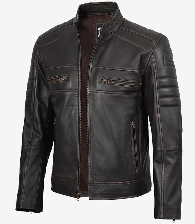 Mens Real Leather Distressed Brown Biker Jacket