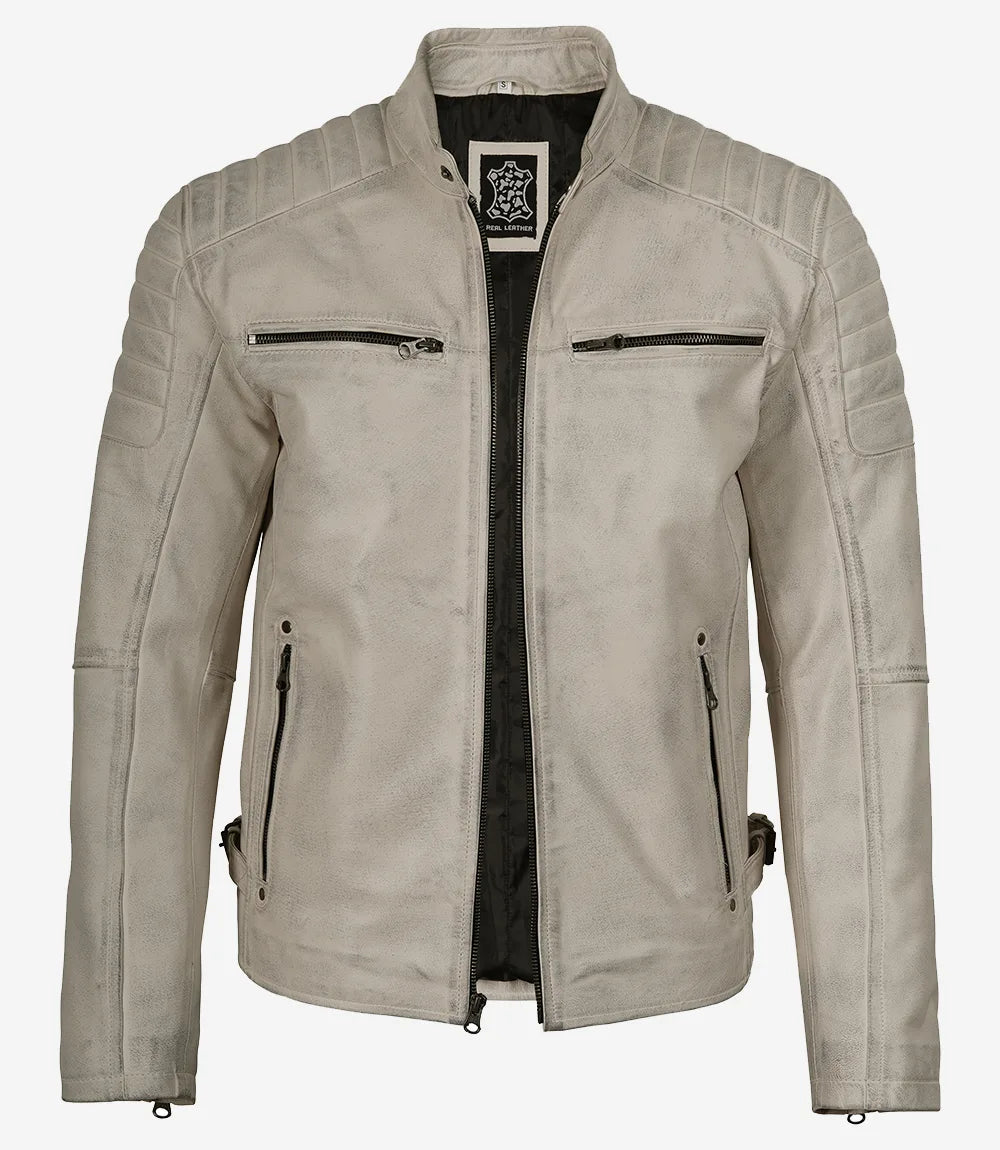 Mens Off White With Gray Wax Biker Leather Jacket