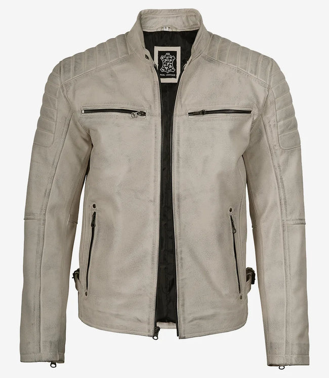Mens Off White With Gray Wax Biker Leather Jacket