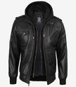 Mens Tall Black Leather Bomber Jacket with Removable Hood