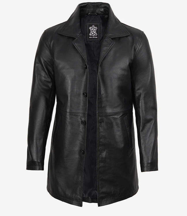 Men's 3/4 Length Lambskin Leather Black Car Coat