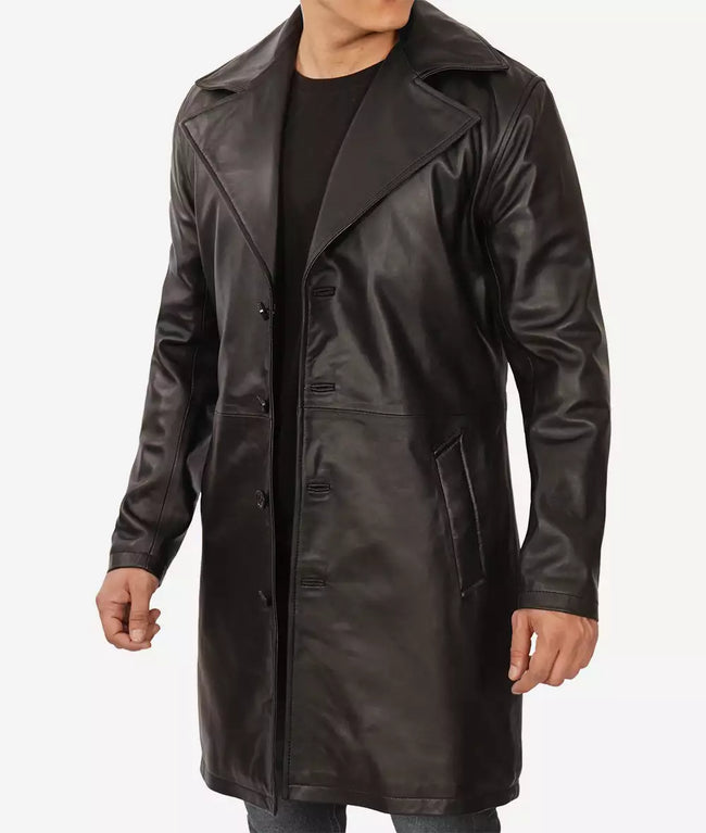 Jackson Mens Peak Lapel Long Black Leather Coat