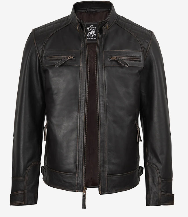 Men's Tall Distressed Brown Leather Biker Style Jacket - Quilted Shoulder