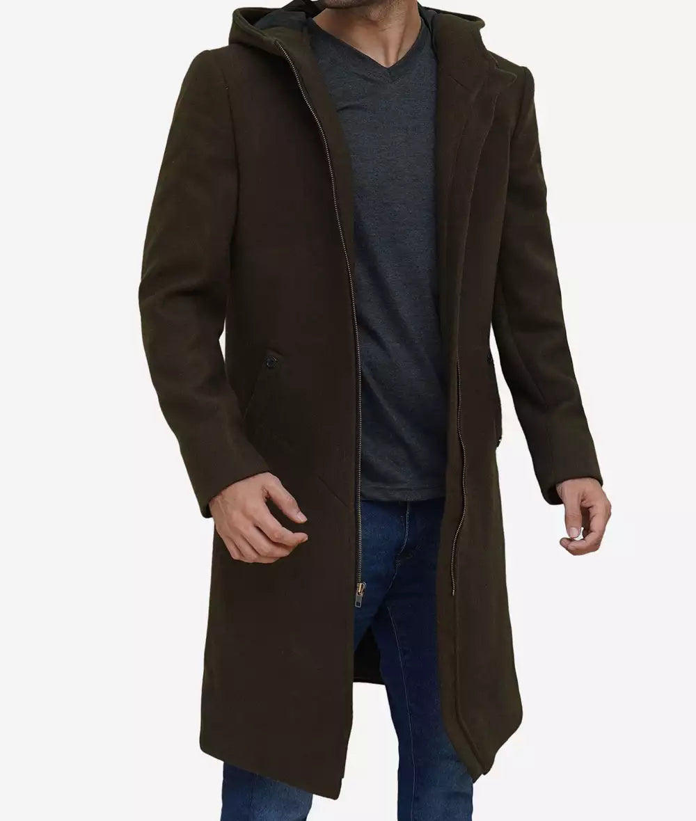 Mens Dark Green Hooded Wool Coat