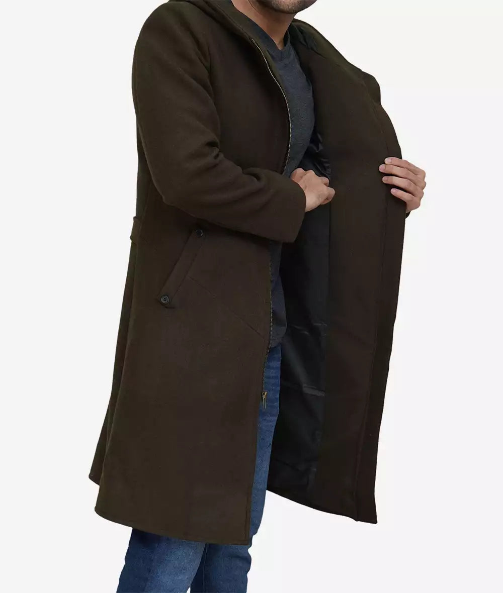 Mens Dark Green Hooded Wool Coat