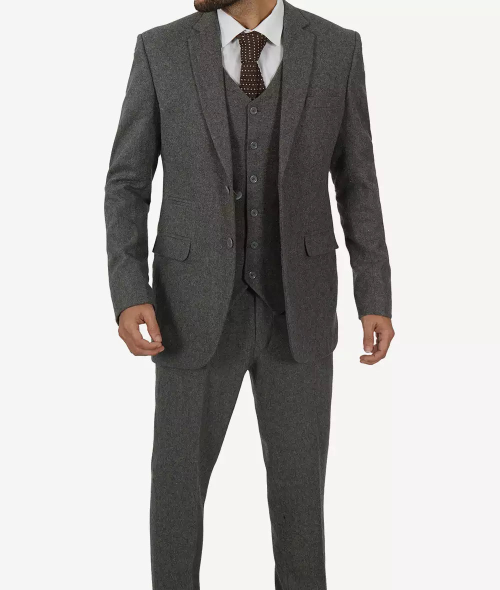 Grey Three Piece Two Button Suit Mens