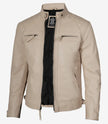 Mens Quilted Shoulder Beige Cafe Racer Leather Jacket