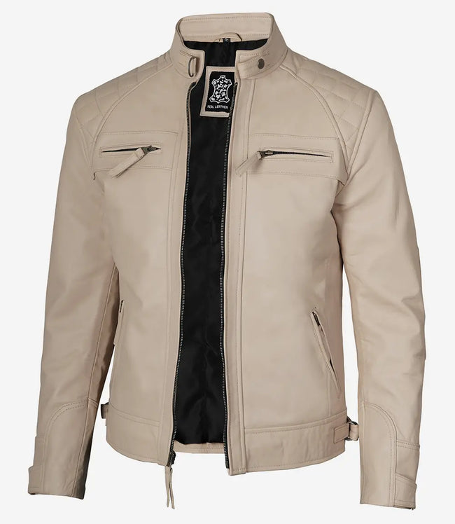 Mens Quilted Shoulder Beige Cafe Racer Leather Jacket