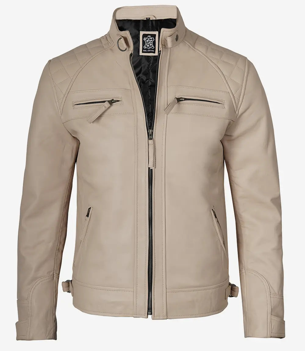 Mens Quilted Shoulder Beige Cafe Racer Leather Jacket