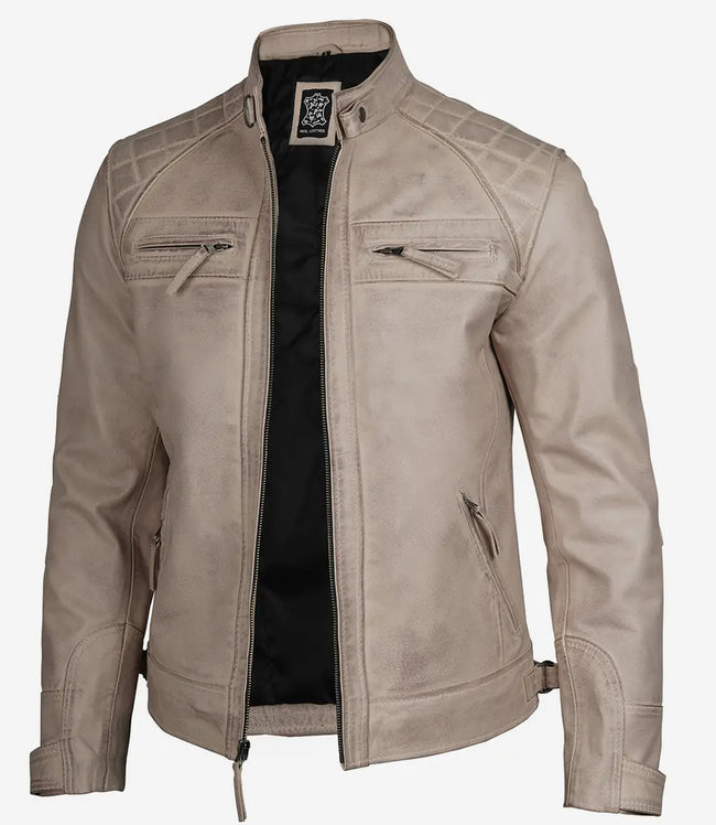 Mens Cafe Racer Beige Leather Jacket