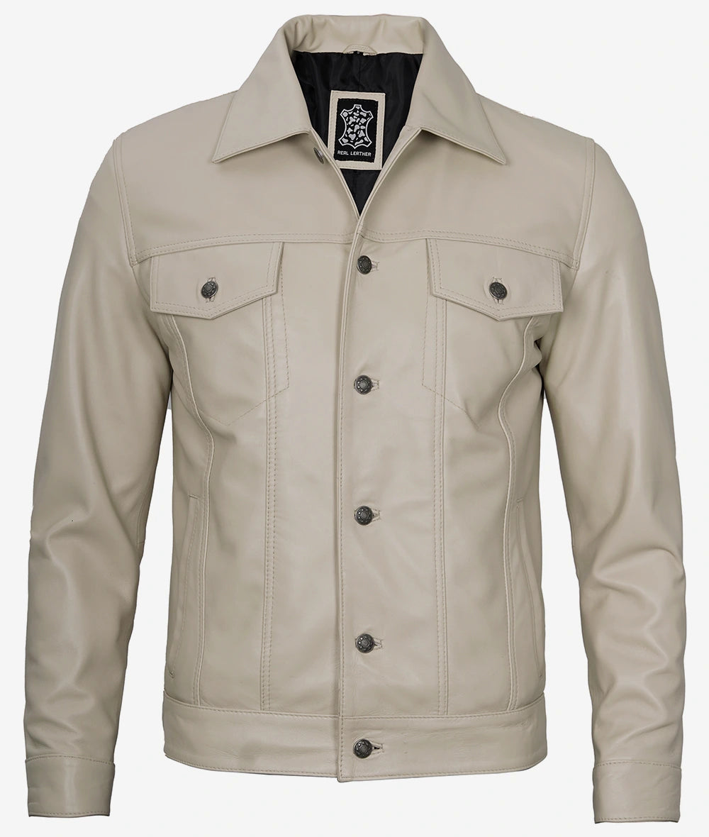 Mens Four Pockets Beige Leather Trucker Jacket